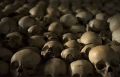 Ntarama Genocide Memorial, skulls lined on a shelf. 
